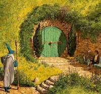 Gandalf-The-Great  and little Bilbo Baggins meet in front of the Hobbit Hole